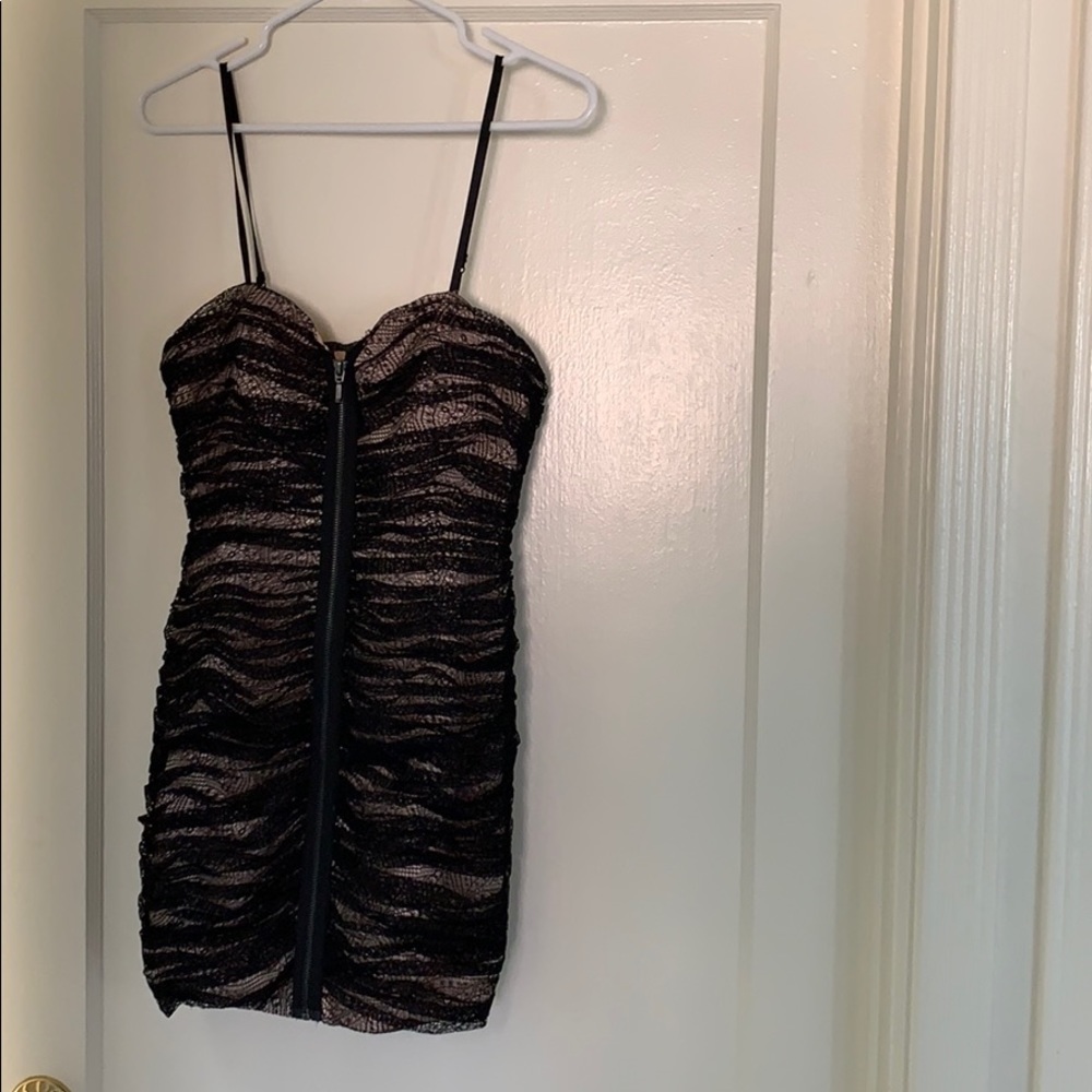 New black lace nude zip front body con dress
